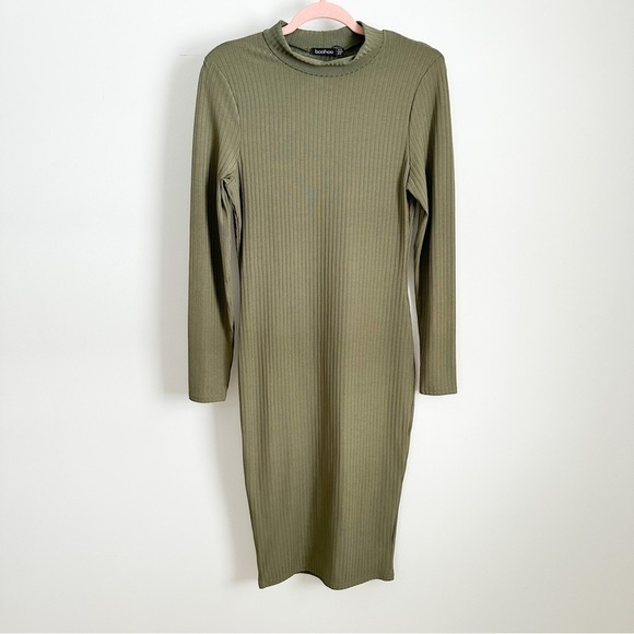 Boohoo Army Green Ribber Long sleeve mock neck midi Dress - Picture 5 of 8